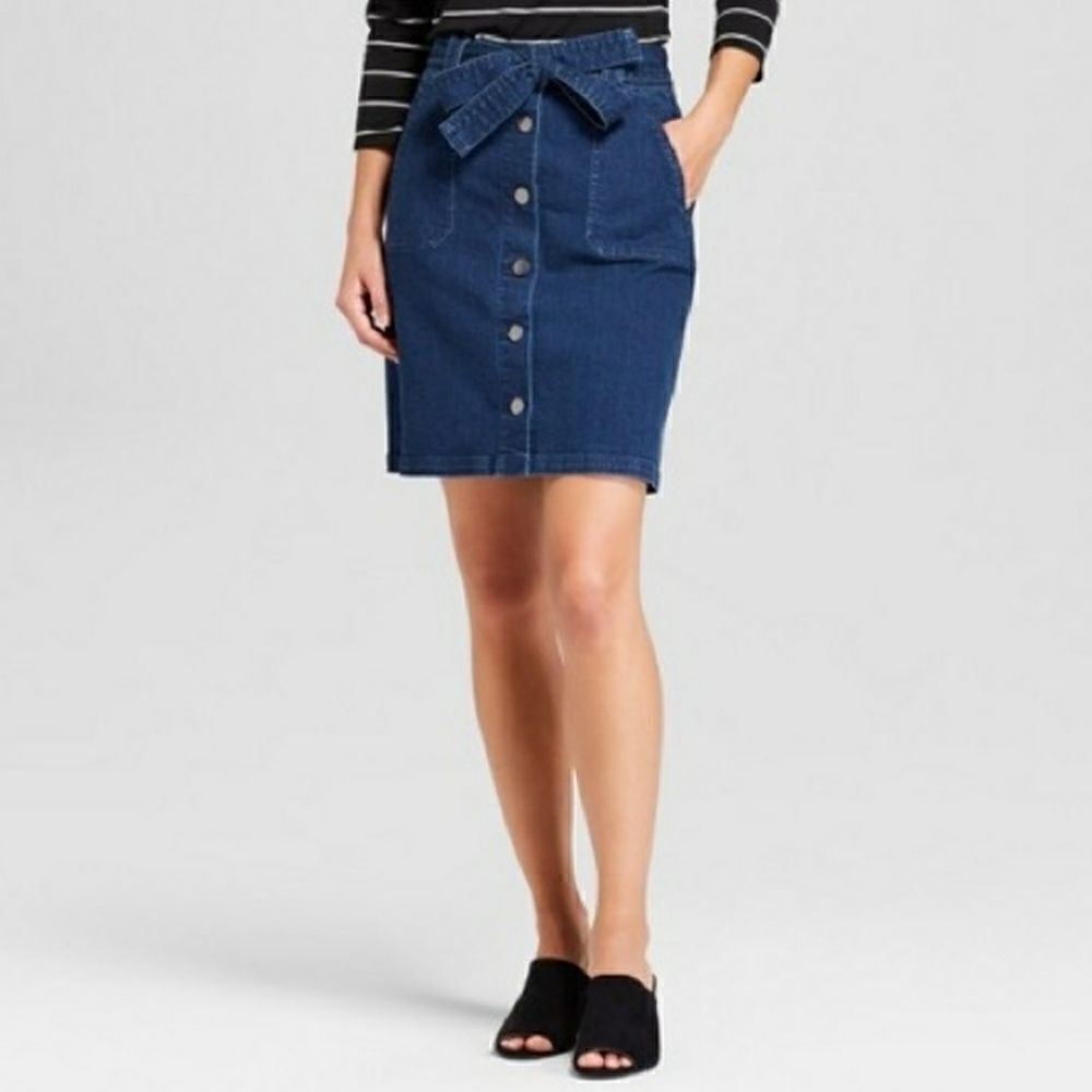 A new day Denim Button Up Front Midi Ribbon Skirt Size 6